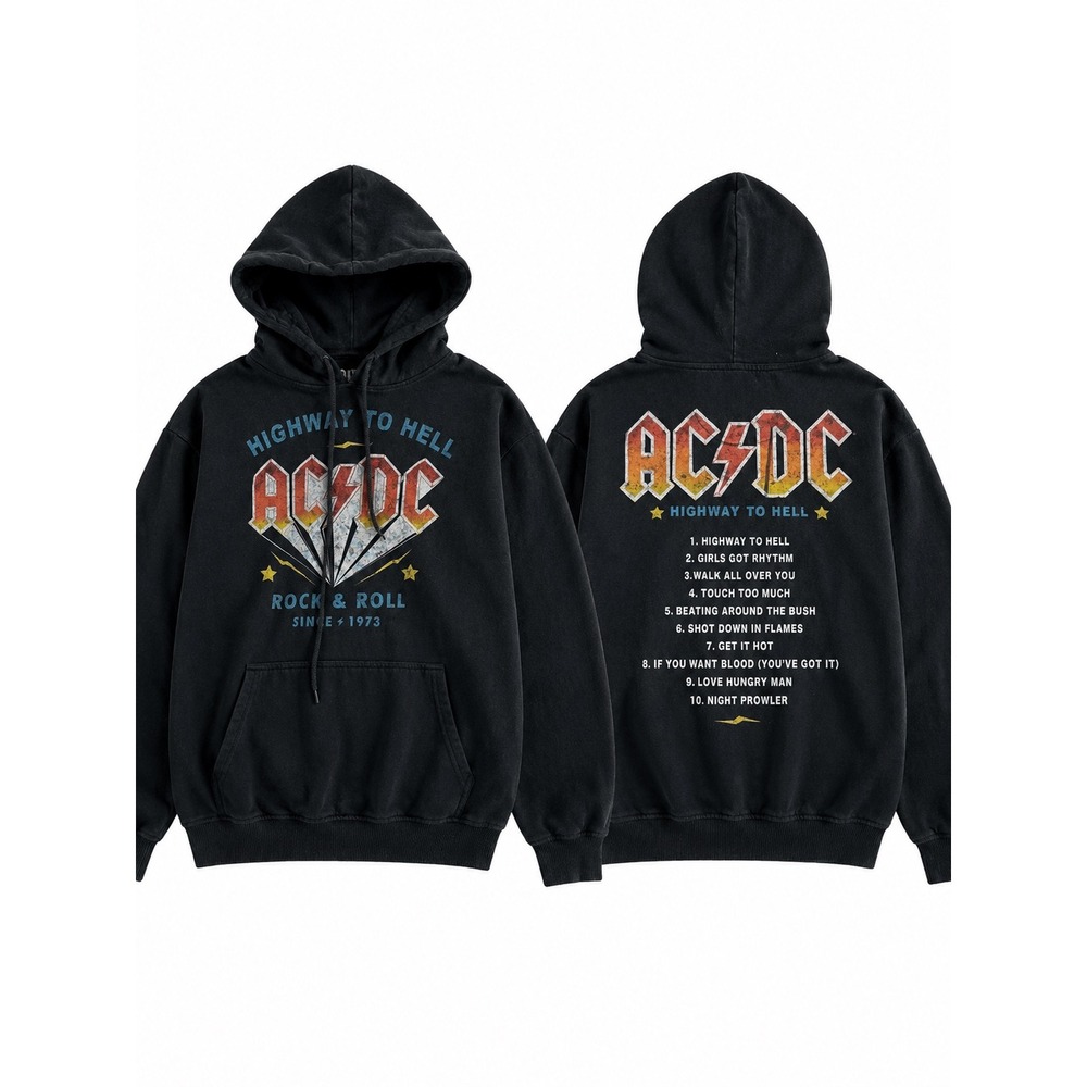 AC/DC Highway to Hell Black Graphic Hoodie Rock Band Sweatshirt Mens Size Medium